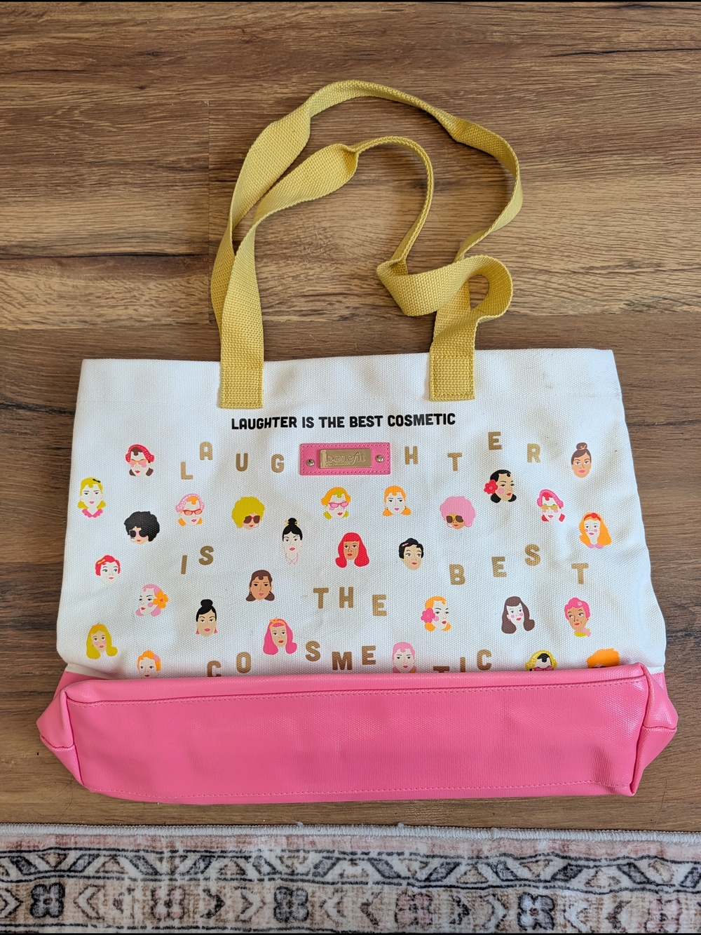 Benefit Beauty Cream Canvas Tote with Pink Base and Yellow Straps Ladies Faces - Picture 2 of 9